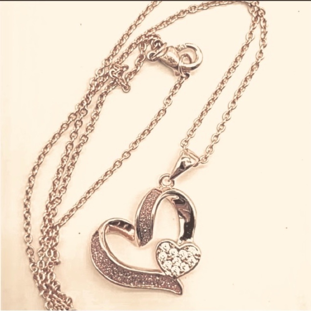 JCM Stamped BRASS Pink & Clear Cubic Zirconias Heart Necklace. Rosegold NEW